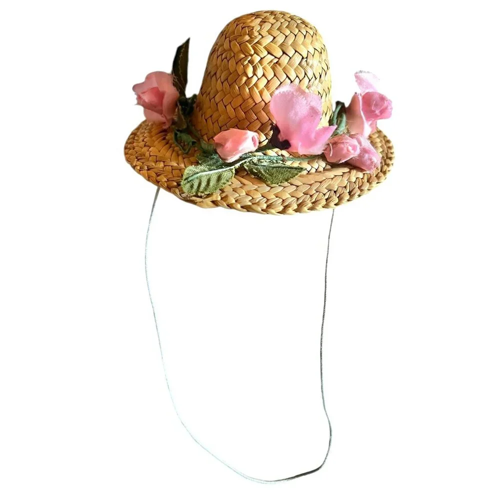Doll’s Straw Hat with Pink Silk Flowers Rosebuds 4